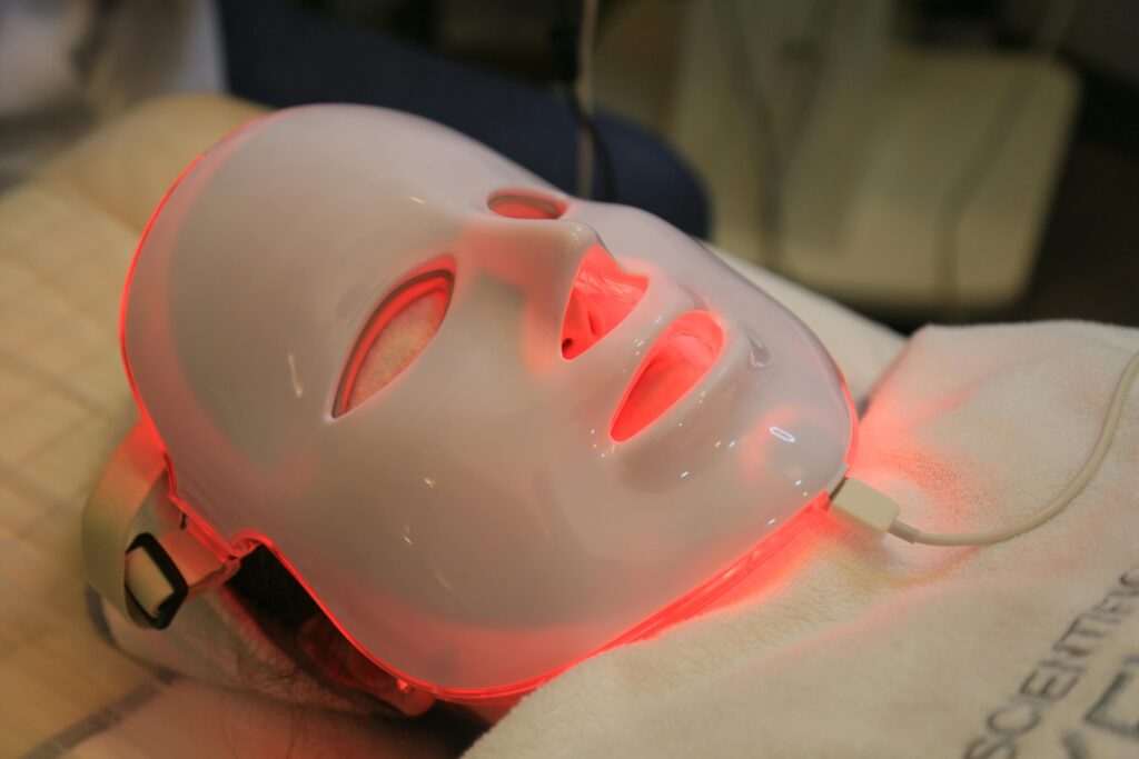 Close-up of an LED light mask used in modern skincare treatments.